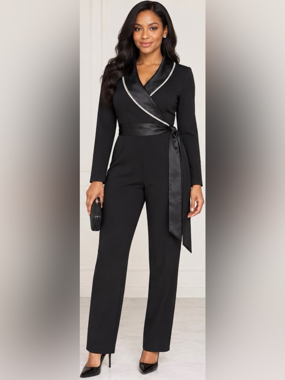 Adrianna Papell Black Rhinestone Satin Trim Jumpsuit Size 4